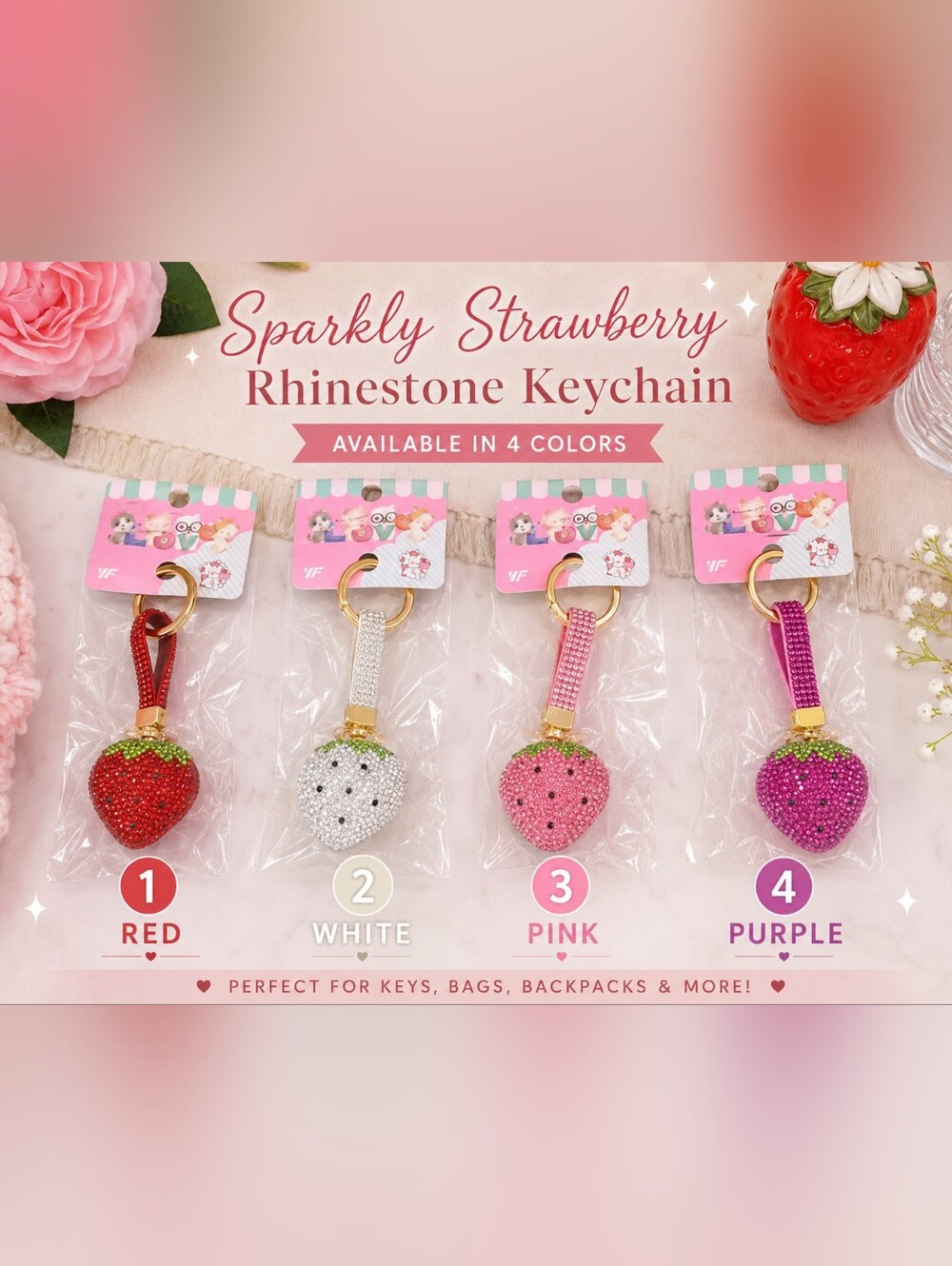 ✨ Sparkly Strawberry Rhinestone Keychain | Red, #1 |🍓